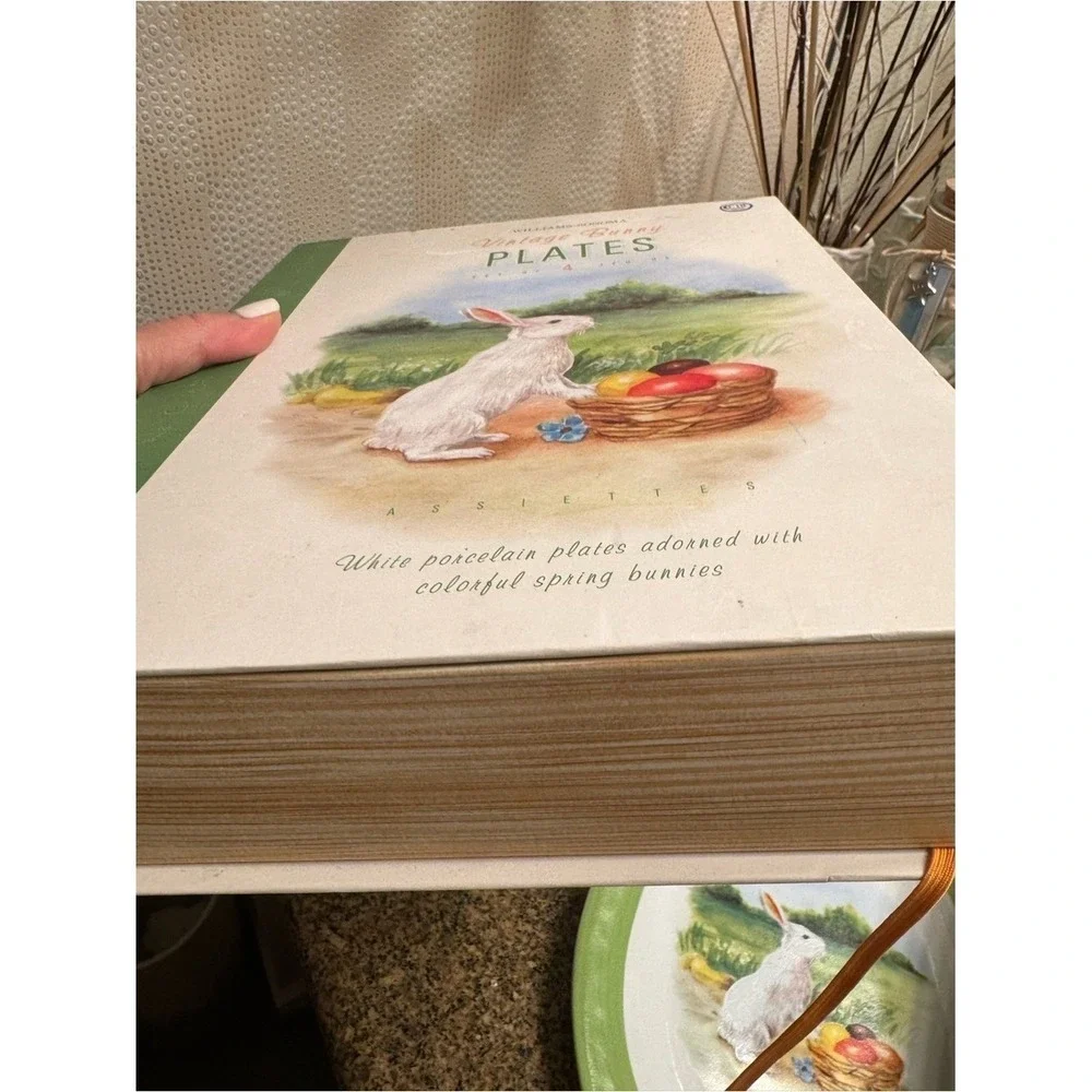 Williams Sonoma White & Green Vintage Bunny Plate Set - Spring Bunny Artwork set